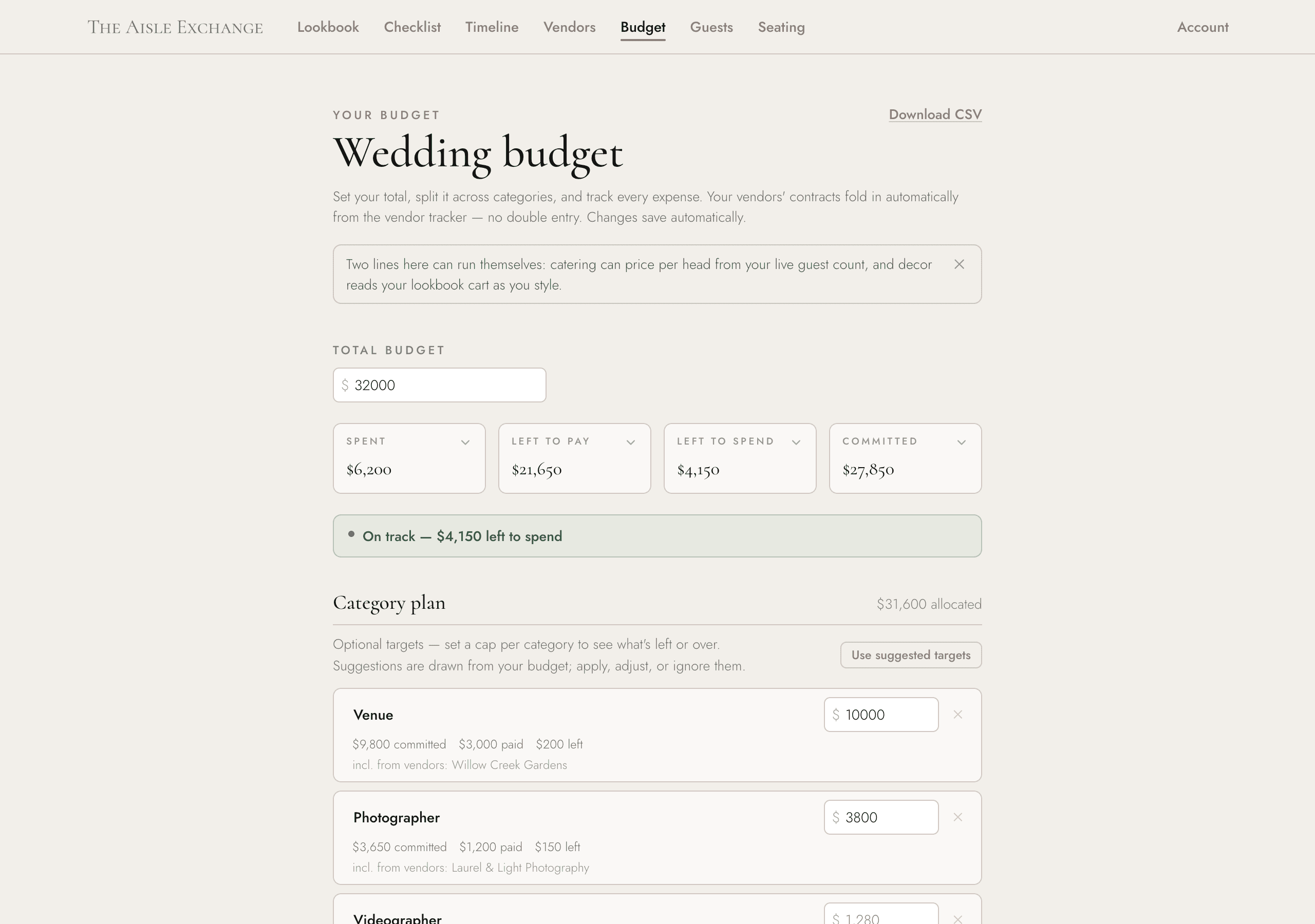 The wedding budget tracker with categories, totals, and payment progress (example data)