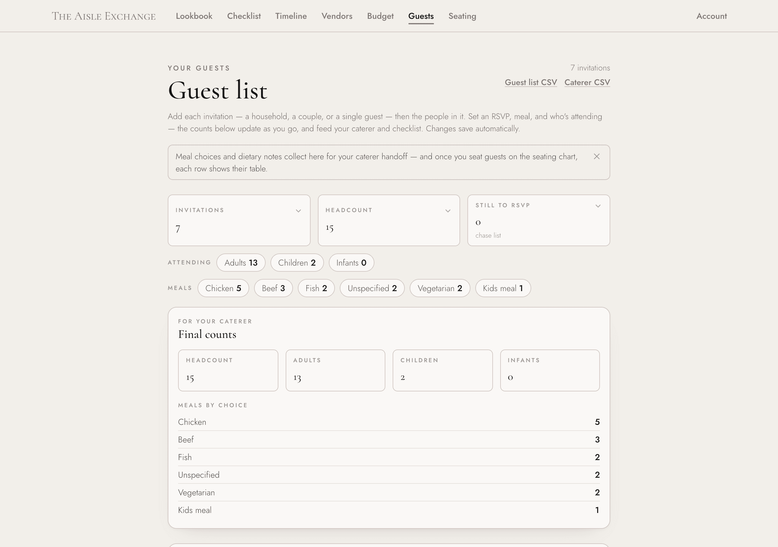 The guest list with RSVPs, headcounts, and meal choices for the caterer (example data)