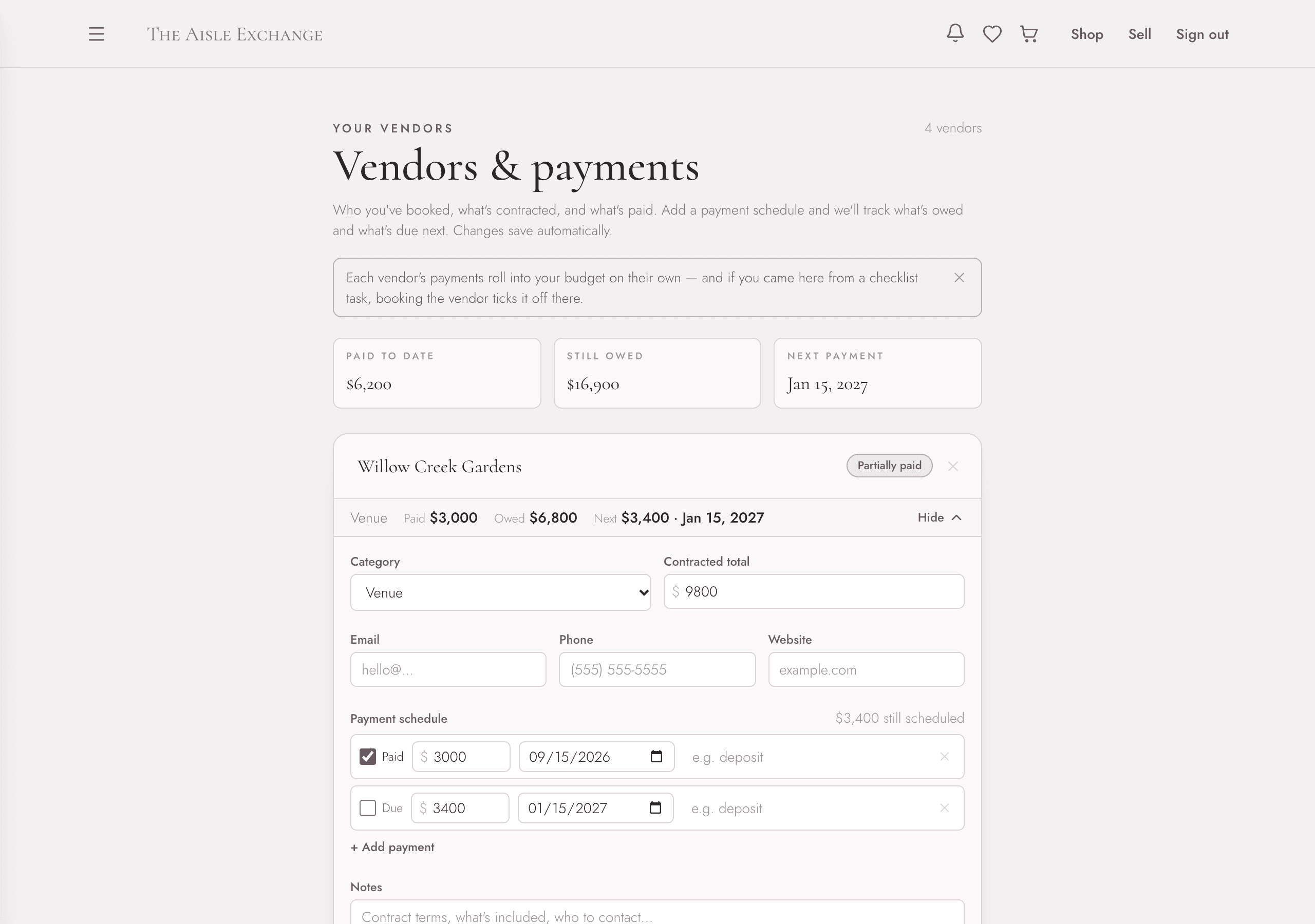 The vendor tracker with booked vendors, contracted totals, and a payment schedule showing paid and upcoming amounts (example data)